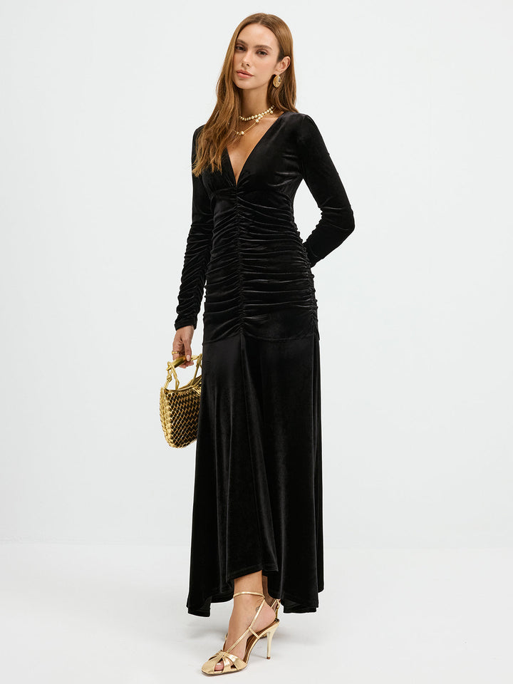 Velvet Ruched Plunge Maxi Dress  Liora Lane Boutique Dresses
