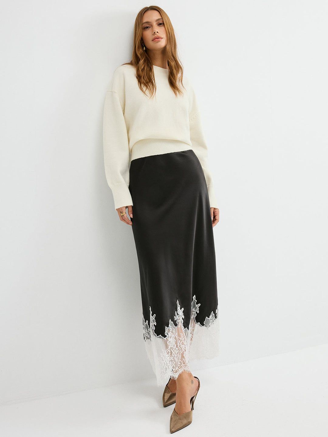 Lace Hem Satin Maxi Skirt  Liora Lane Boutique Skirts Black / XL 44.00