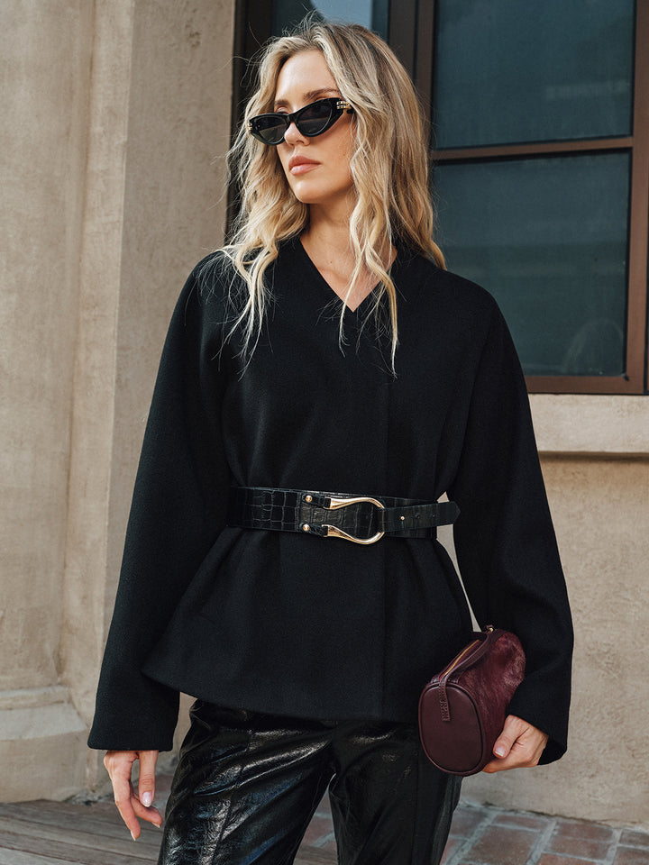 V-Neck Belted Cotton Blend Coat  Liora Lane Boutique Wool Coats