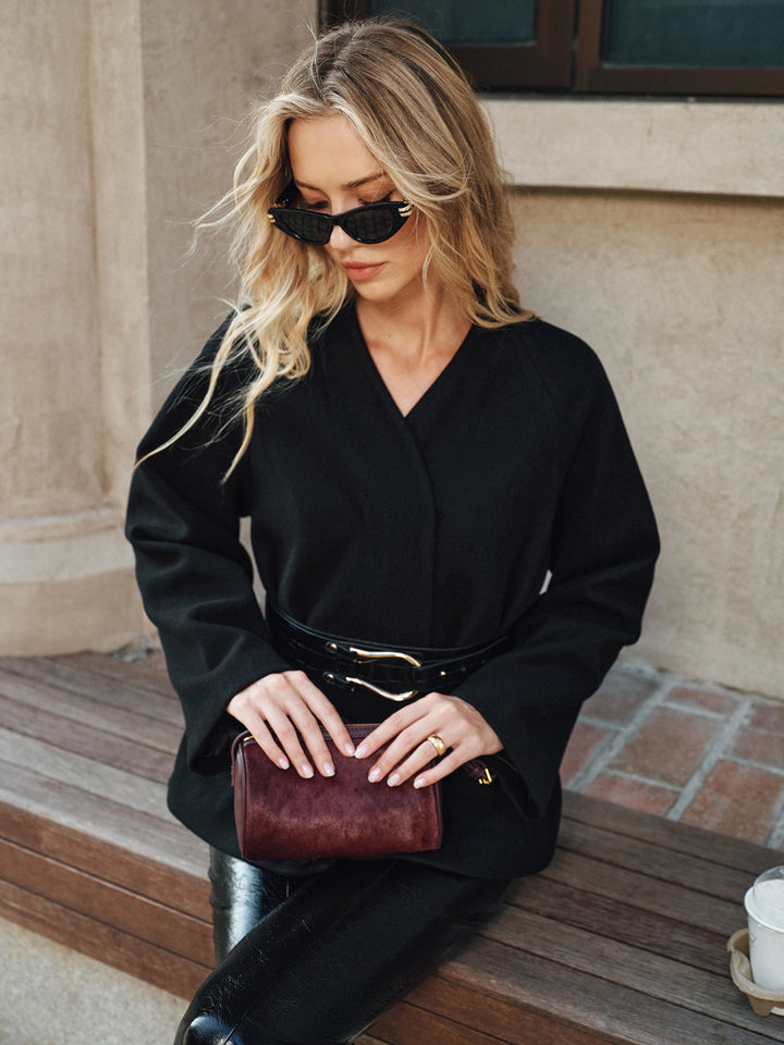 V-Neck Belted Cotton Blend Coat  Liora Lane Boutique Wool Coats