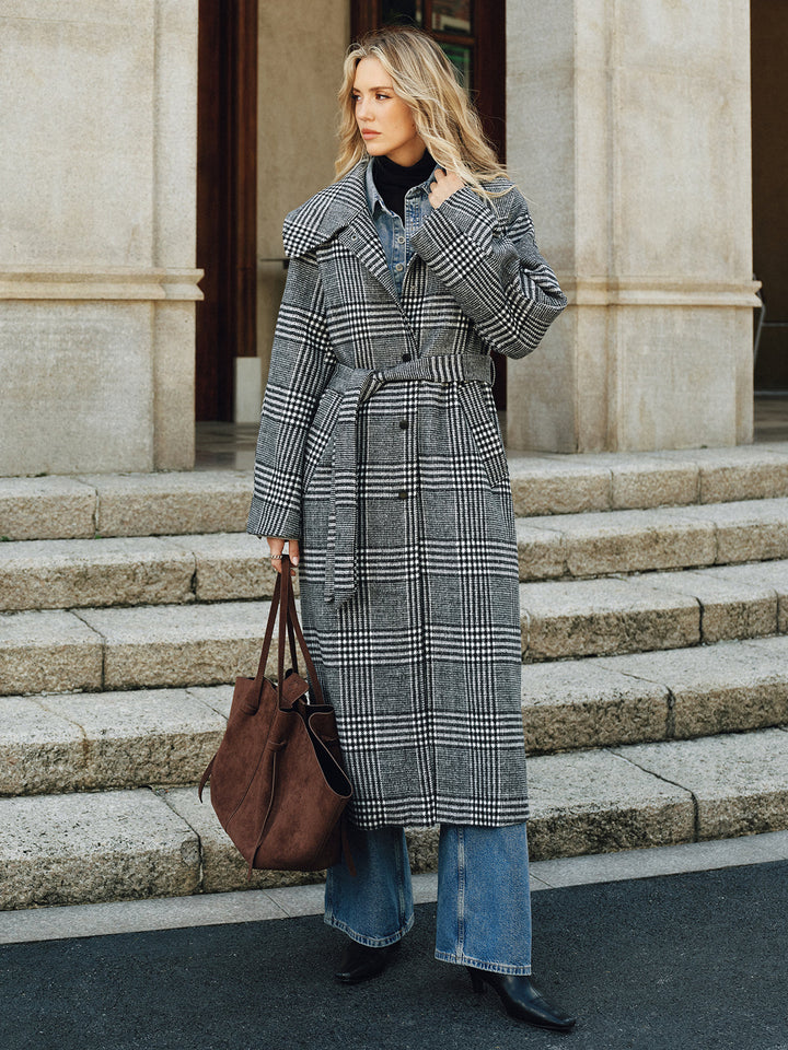 Belted Plaid Tweed Long Coat  Liora Lane Boutique Wool Coats