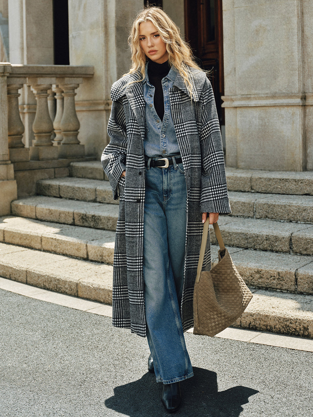 Belted Plaid Tweed Long Coat  Liora Lane Boutique Wool Coats BlackandWhite / XL 126.00
