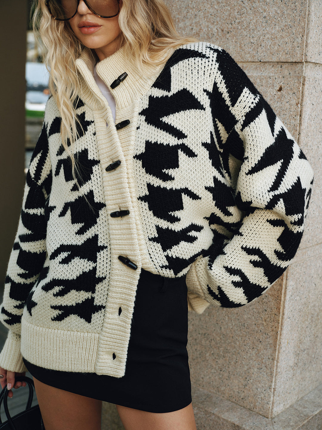 Houndstooth Horn Button Knit Cardigan  Liora Lane Boutique Cardigans