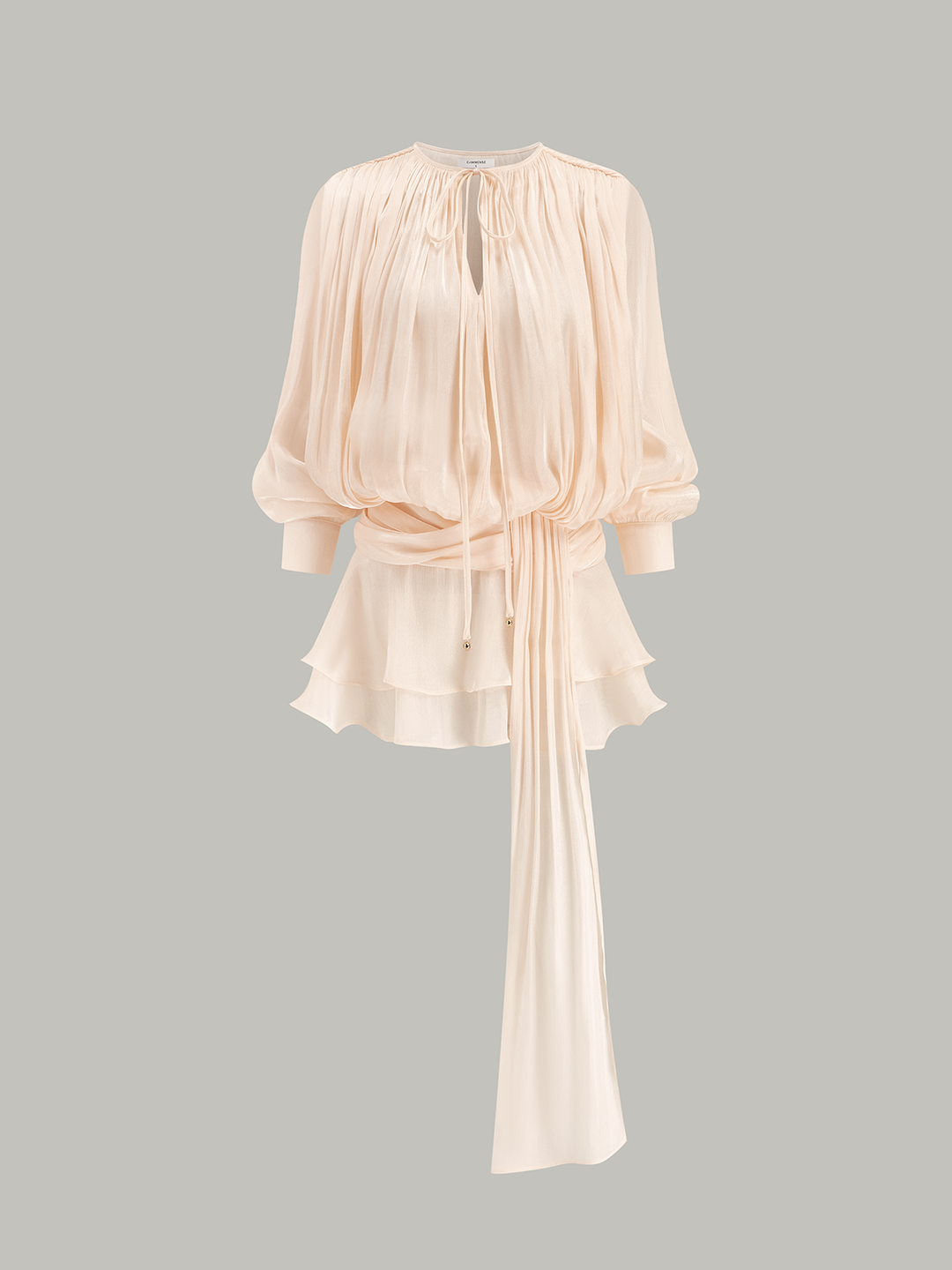Semi-Sheer Tiered Draped Tie-Waist Mini Dress  Liora Lane Boutique Dresses