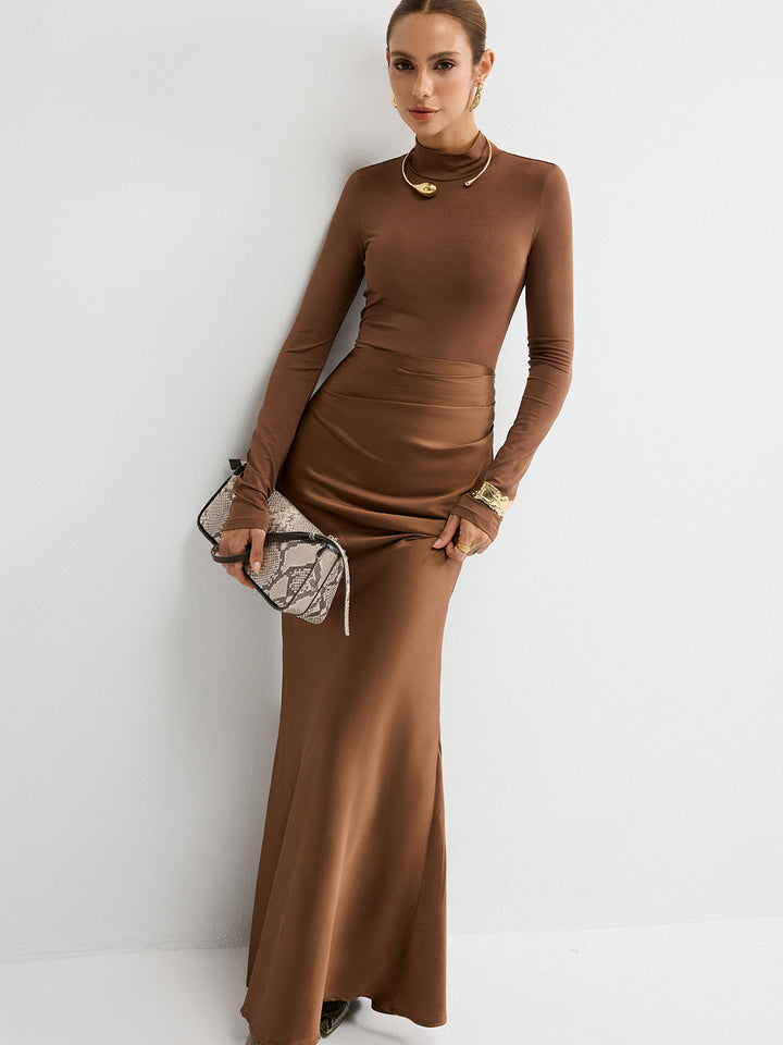Satin Panel Mock Neck Long Sleeve Maxi Dress  Liora Lane Boutique Dresses Light Brown / XL 89.99