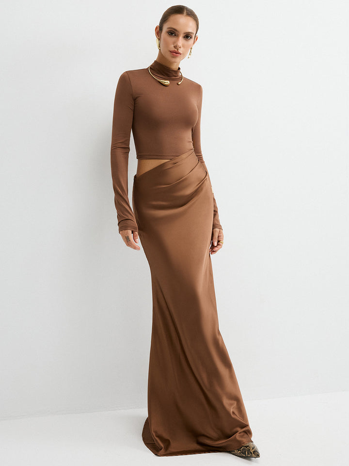 Satin Panel Mock Neck Long Sleeve Maxi Dress  Liora Lane Boutique Dresses