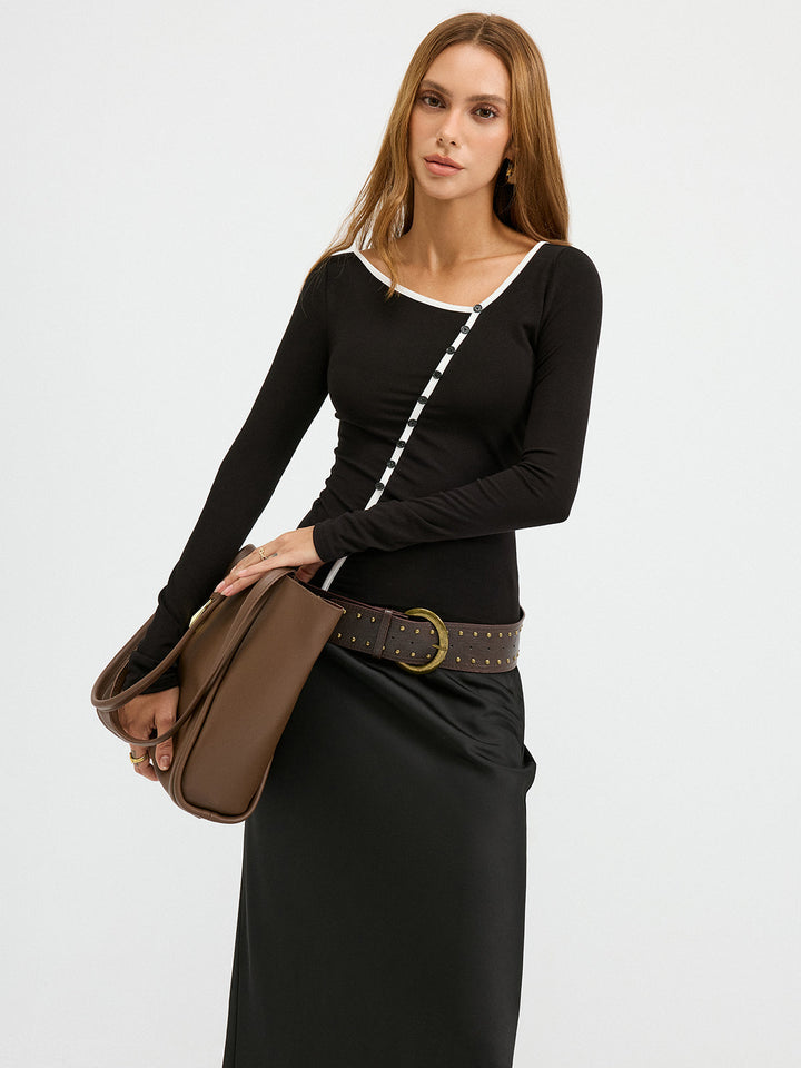 Contrast Trim Decor Button Asymmetric Collar Top  Liora Lane Boutique T-Shirts