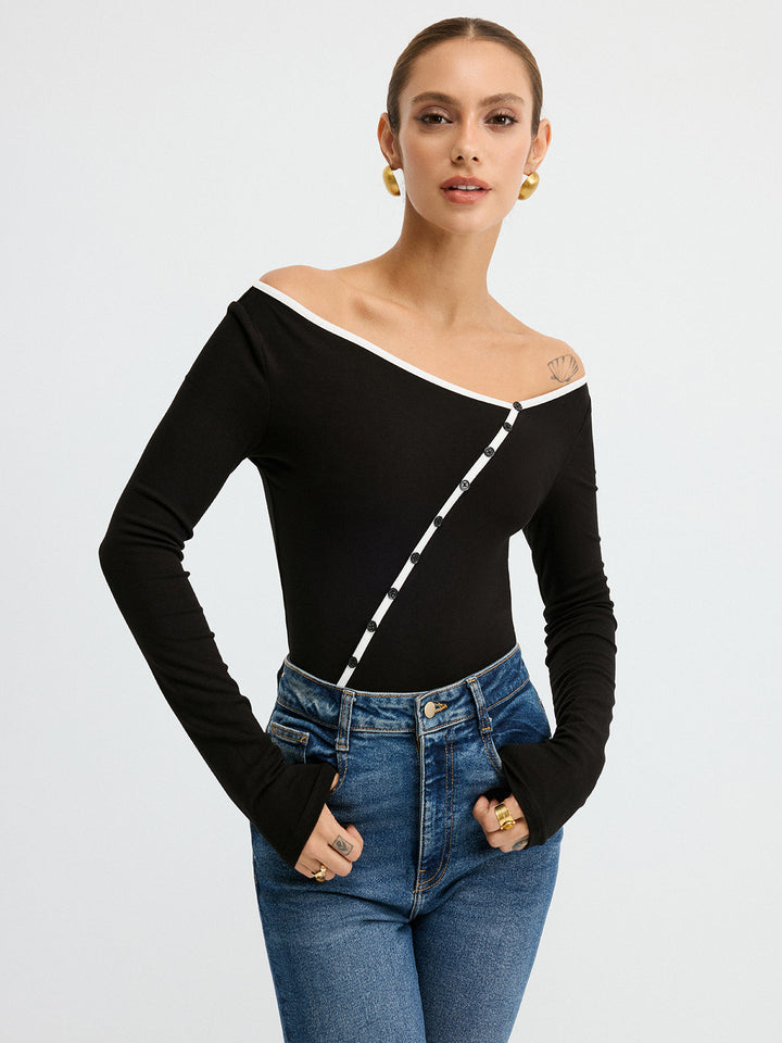 Contrast Trim Decor Button Asymmetric Collar Top  Liora Lane Boutique T-Shirts Black / XL 28.00
