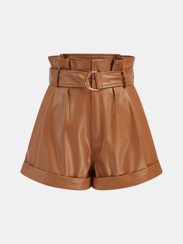 High-Waist PU Leather Cuffed Shorts with Belt  Liora Lane Boutique Shorts OrangeRed / XL 39.00