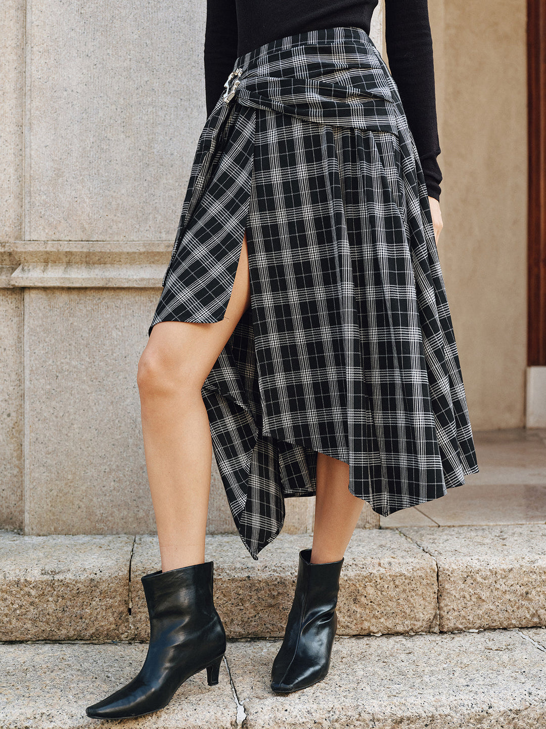 Plaid Asymmetric High-Slit Midi Skirt  Liora Lane Boutique Skirts