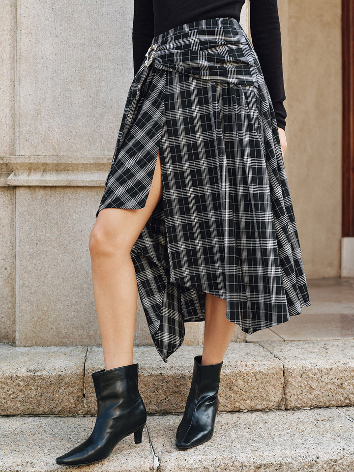 Plaid Asymmetric High-Slit Midi Skirt  Liora Lane Boutique Skirts