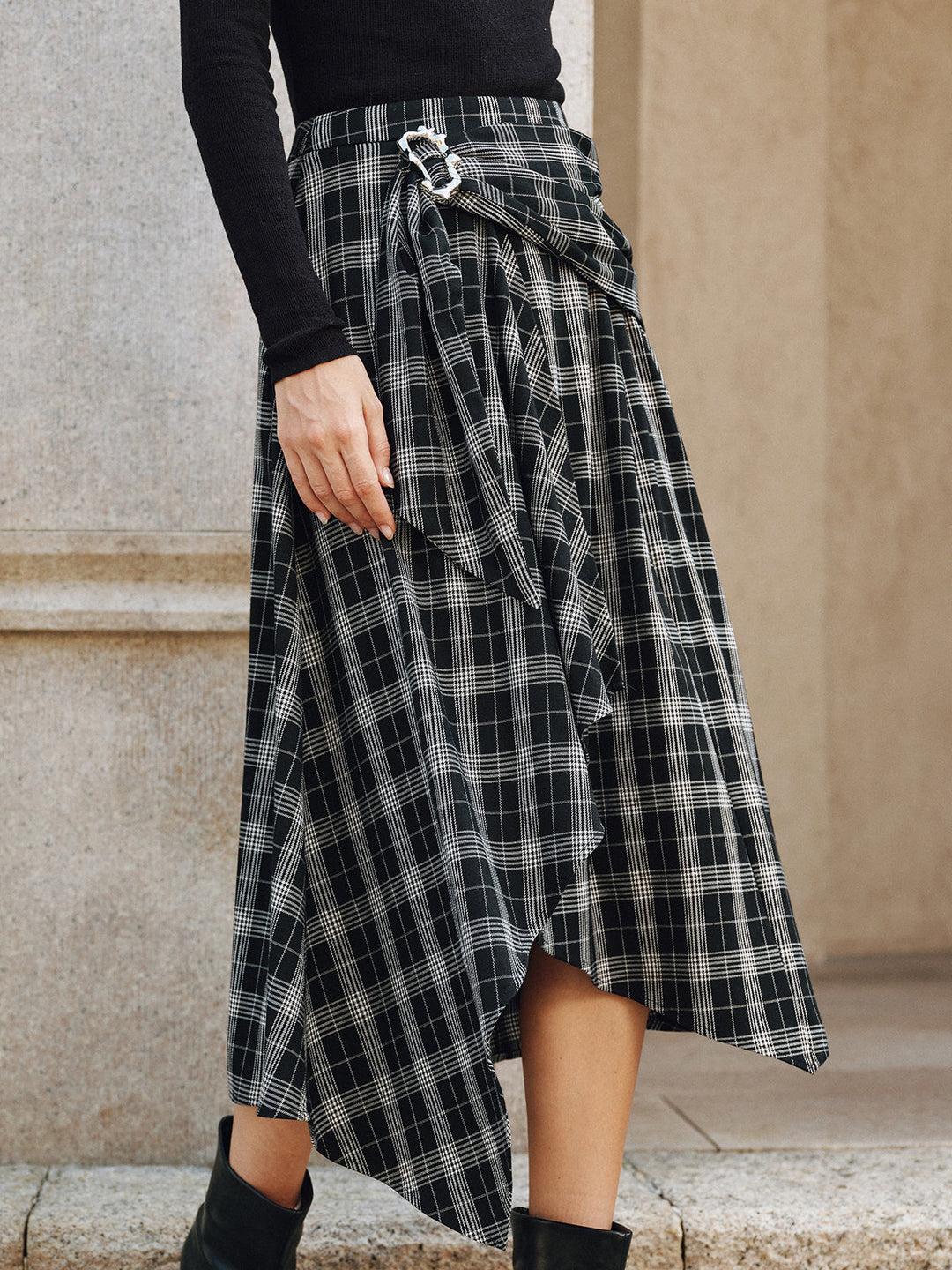 Plaid Asymmetric High-Slit Midi Skirt  Liora Lane Boutique Skirts