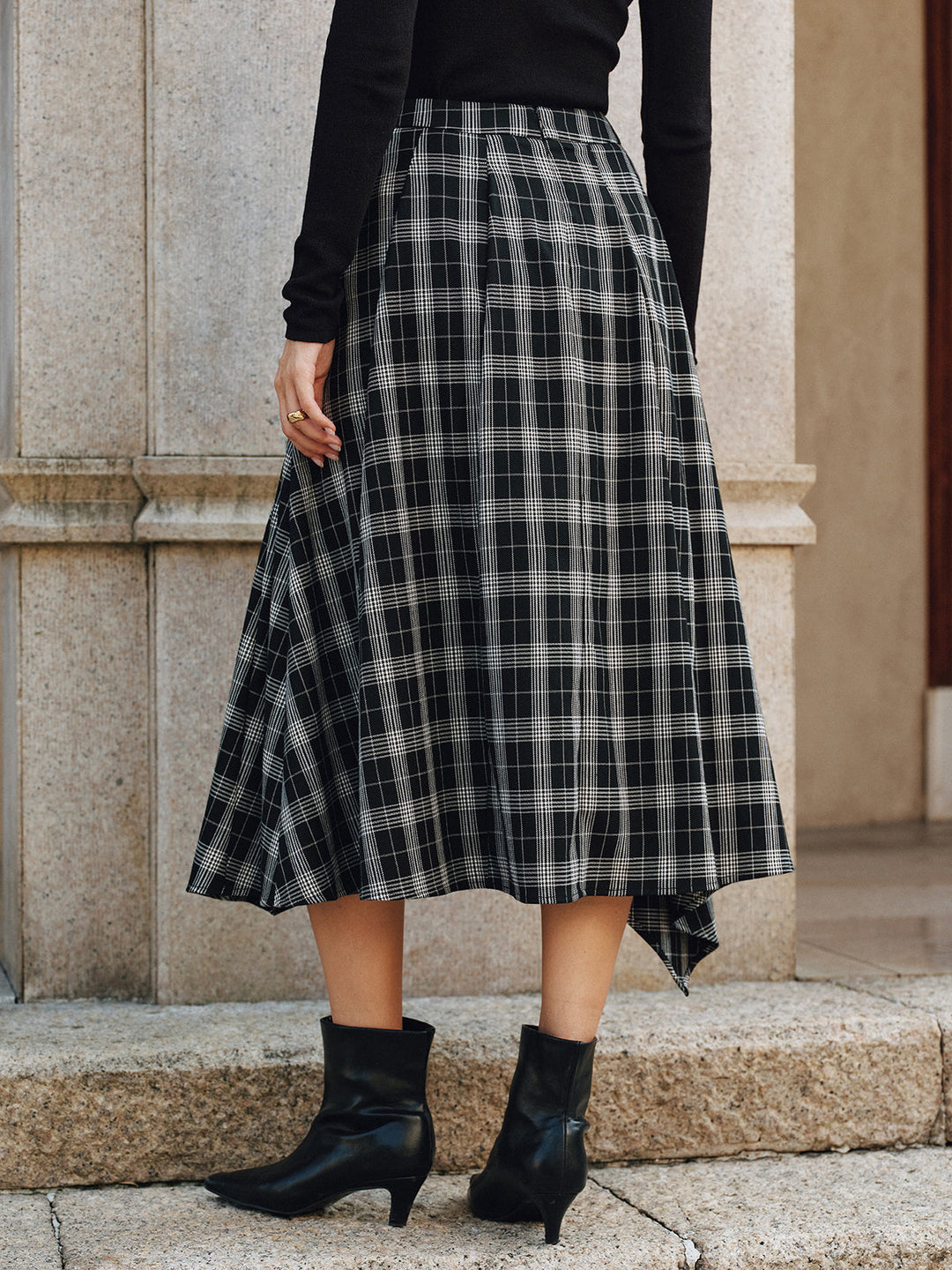 Plaid Asymmetric High-Slit Midi Skirt  Liora Lane Boutique Skirts