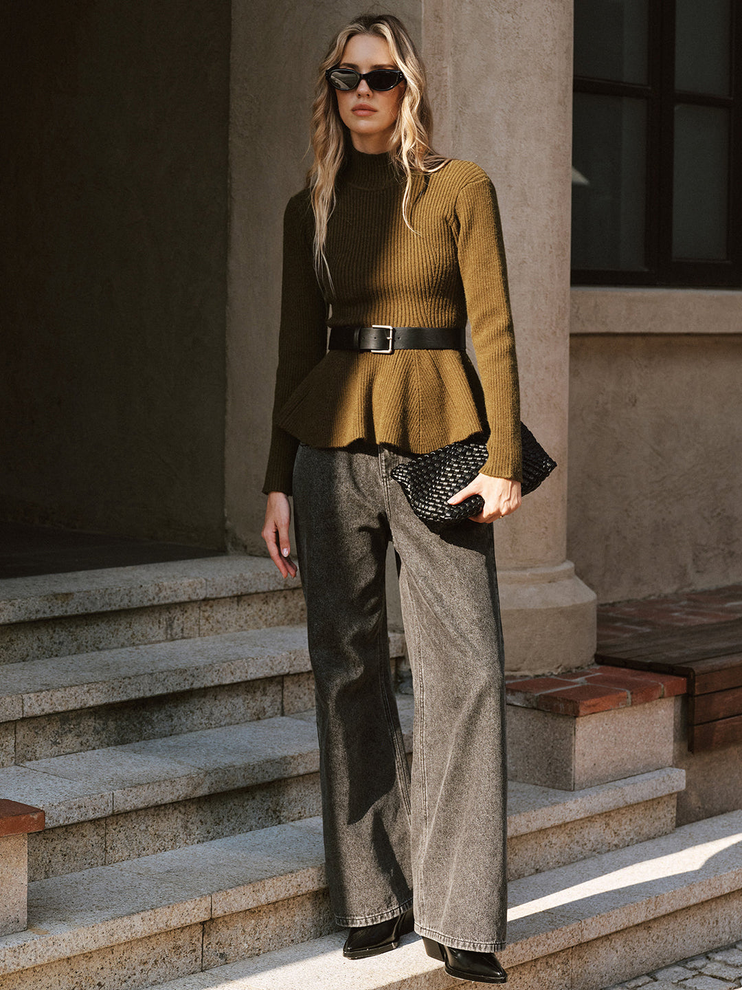 Belted Peplum Turtleneck Knit Top  Liora Lane Boutique Knit Tops