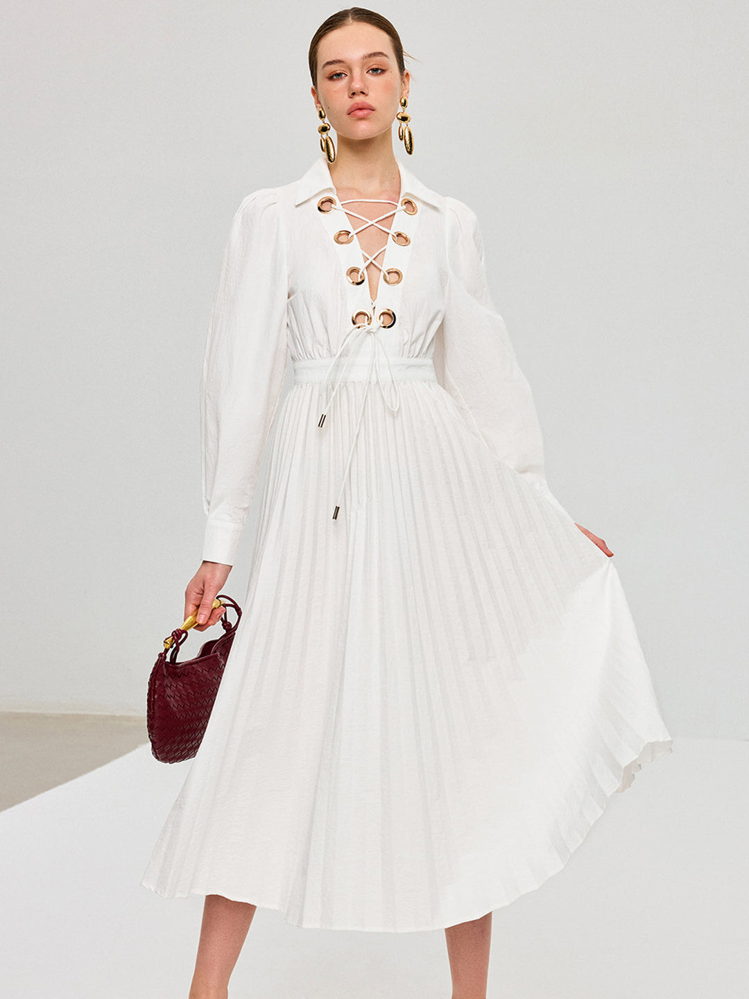 Lace-Up Pleated Midi Dress  Liora Lane Boutique Dresses White / XL 76.00