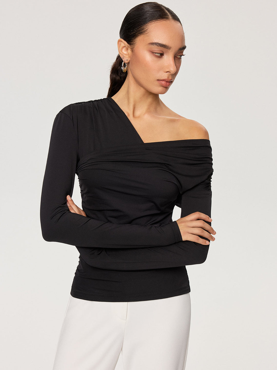Off-Shoulder Ruched T-Shirt  Liora Lane Boutique T-Shirts