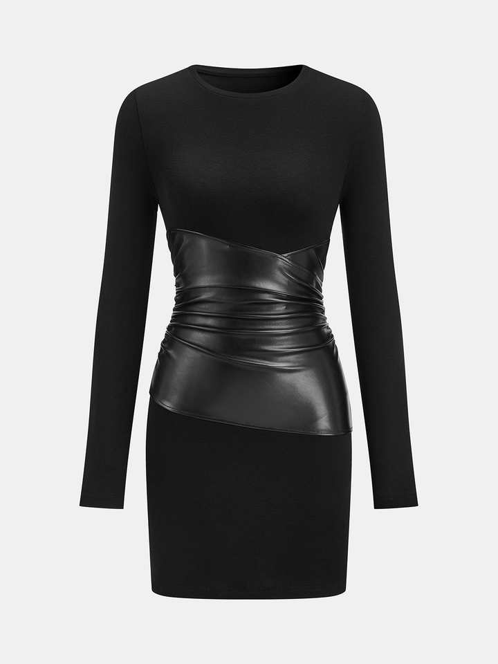 PU Leather Panel Long Sleeve Knit Dress  Liora Lane Boutique Dresses Black / XL 112.99