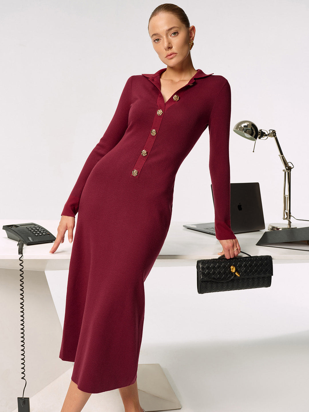 Shirt Collar Metal Button Knit Maxi Dress  Liora Lane Boutique Sweater Dresses