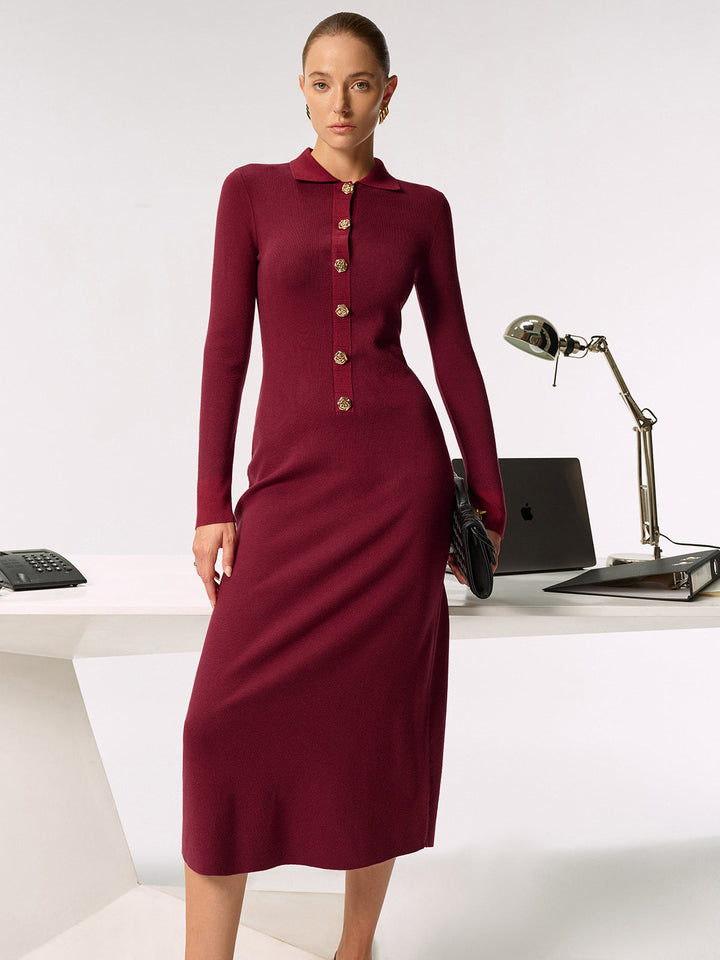 Shirt Collar Metal Button Knit Maxi Dress  Liora Lane Boutique Sweater Dresses