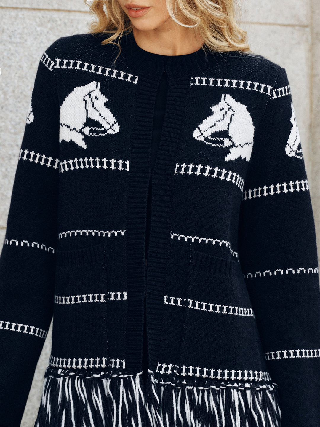 Horse-Pattern Wool Blend Fringe Cardigan  Liora Lane Boutique Cardigans