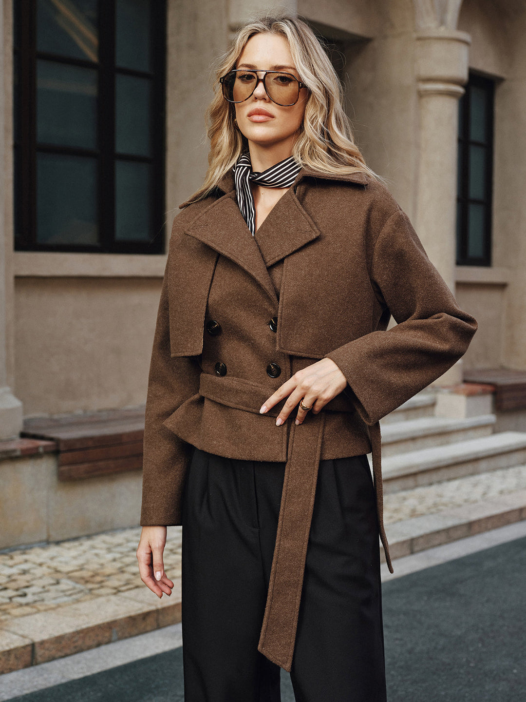 Belted Double-Breasted Tweed Coat  Liora Lane Boutique Wool Coats