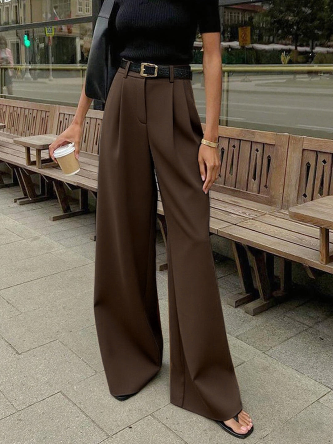 Solid Wide Leg Pants Without Belt  Liora Lane Boutique Pants Dark Brown / XL 49.00