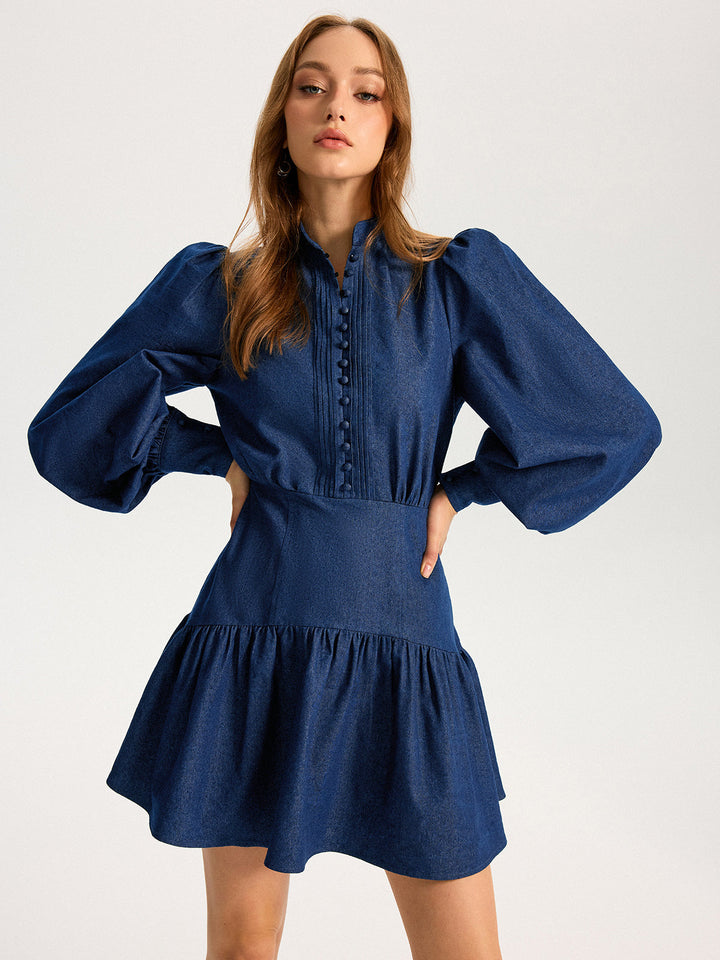 Denim Stand Collar Puff Sleeve Mini Dress  Liora Lane Boutique Dresses Blue / XL 84.99