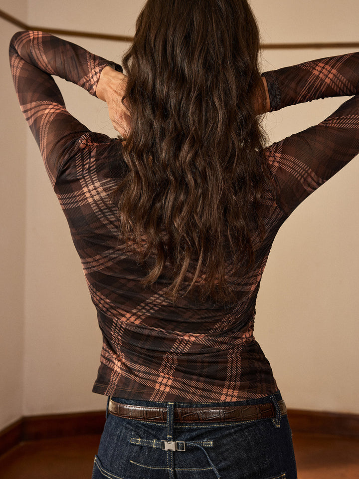 Plaid Mesh Ruched Long Sleeve Top  Liora Lane Boutique T-Shirts