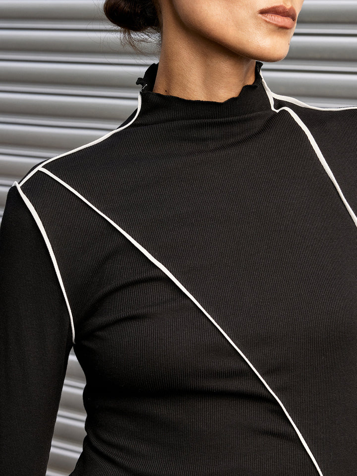 Contrast Asymmetric Piping Mock-Neck T-Shirt  Liora Lane Boutique T-Shirts