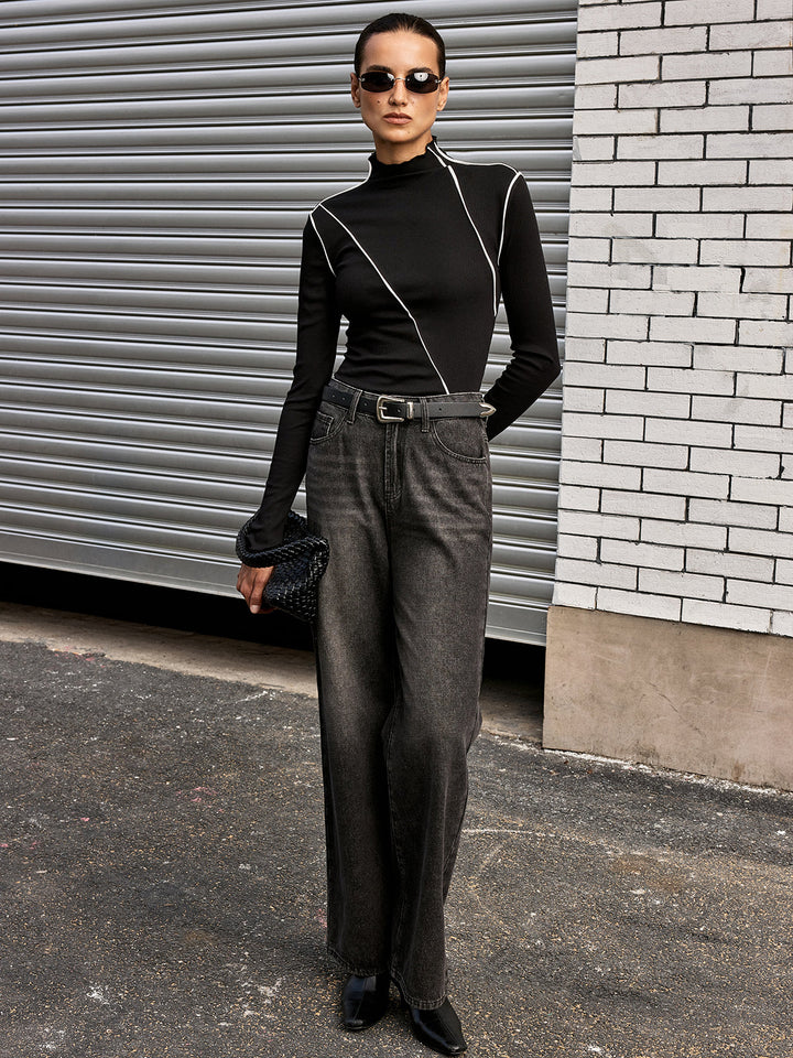 Contrast Asymmetric Piping Mock-Neck T-Shirt  Liora Lane Boutique T-Shirts