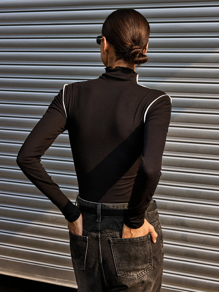 Contrast Asymmetric Piping Mock-Neck T-Shirt  Liora Lane Boutique T-Shirts