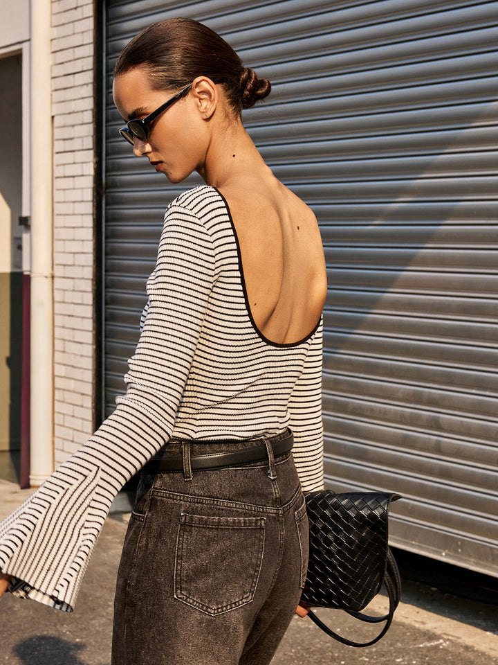 Flared Cuff Backless Striped Bodysuit  Liora Lane Boutique Bodysuits Black / XL 58.00