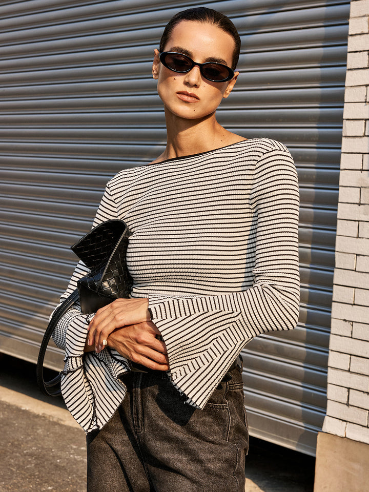 Flared Cuff Backless Striped Bodysuit  Liora Lane Boutique Bodysuits