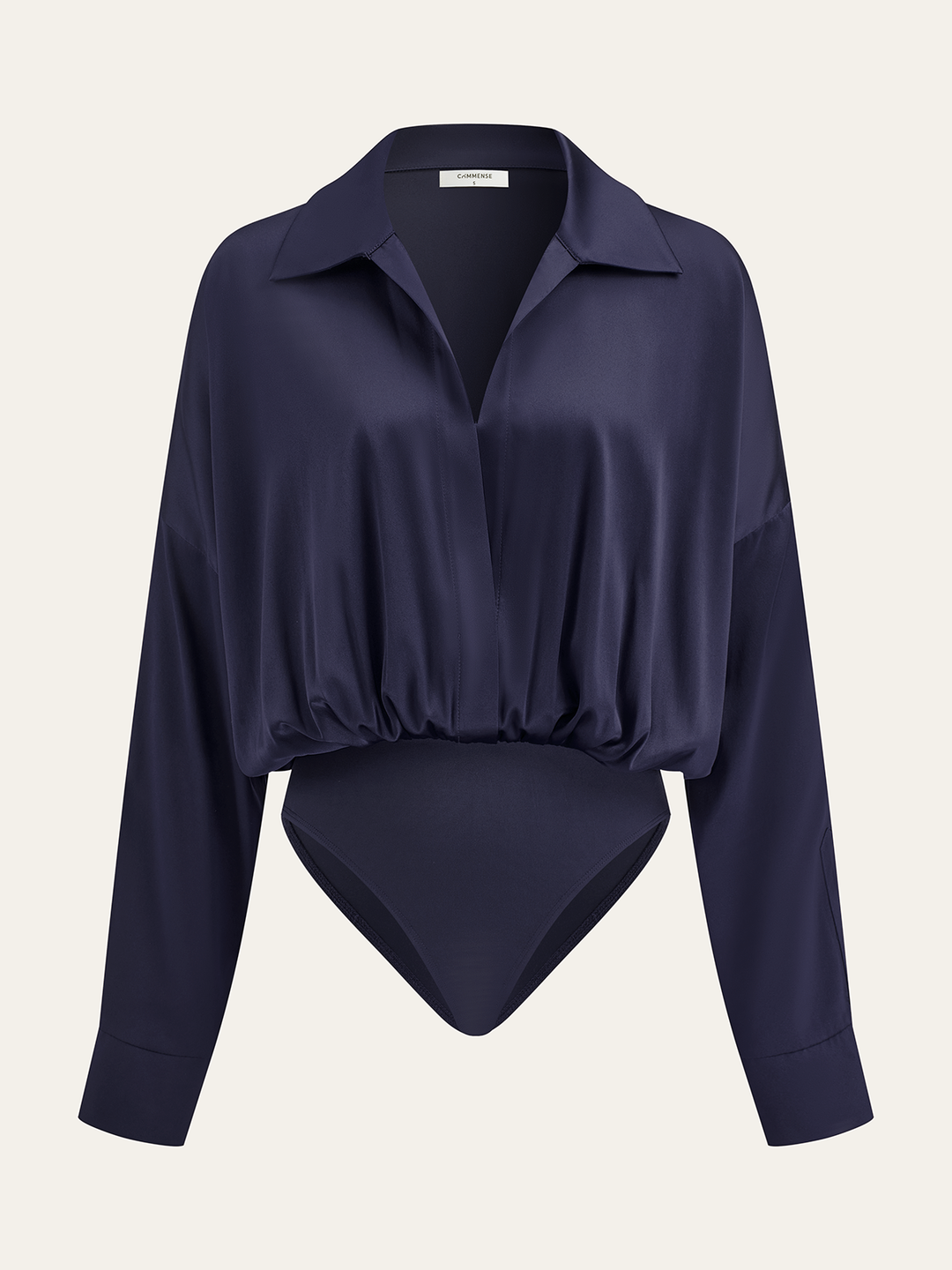 Satin Collared Long Sleeve Bodysuit  Liora Lane Boutique Bodysuits Navy / XL 35.00