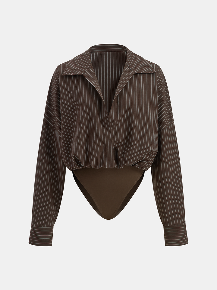 Striped Long-Sleeve Collared Bodysuit  Liora Lane Boutique Bodysuits Dark Brown / XL 42.00