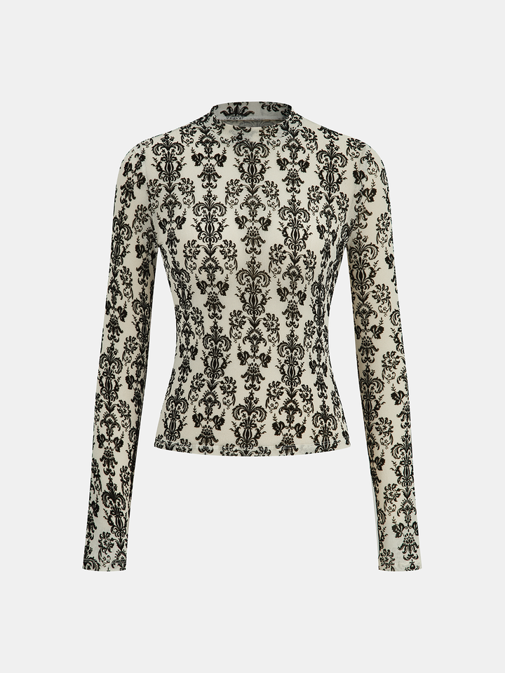 Damask Print Mock Neck T-Shirt  Liora Lane Boutique T-Shirts