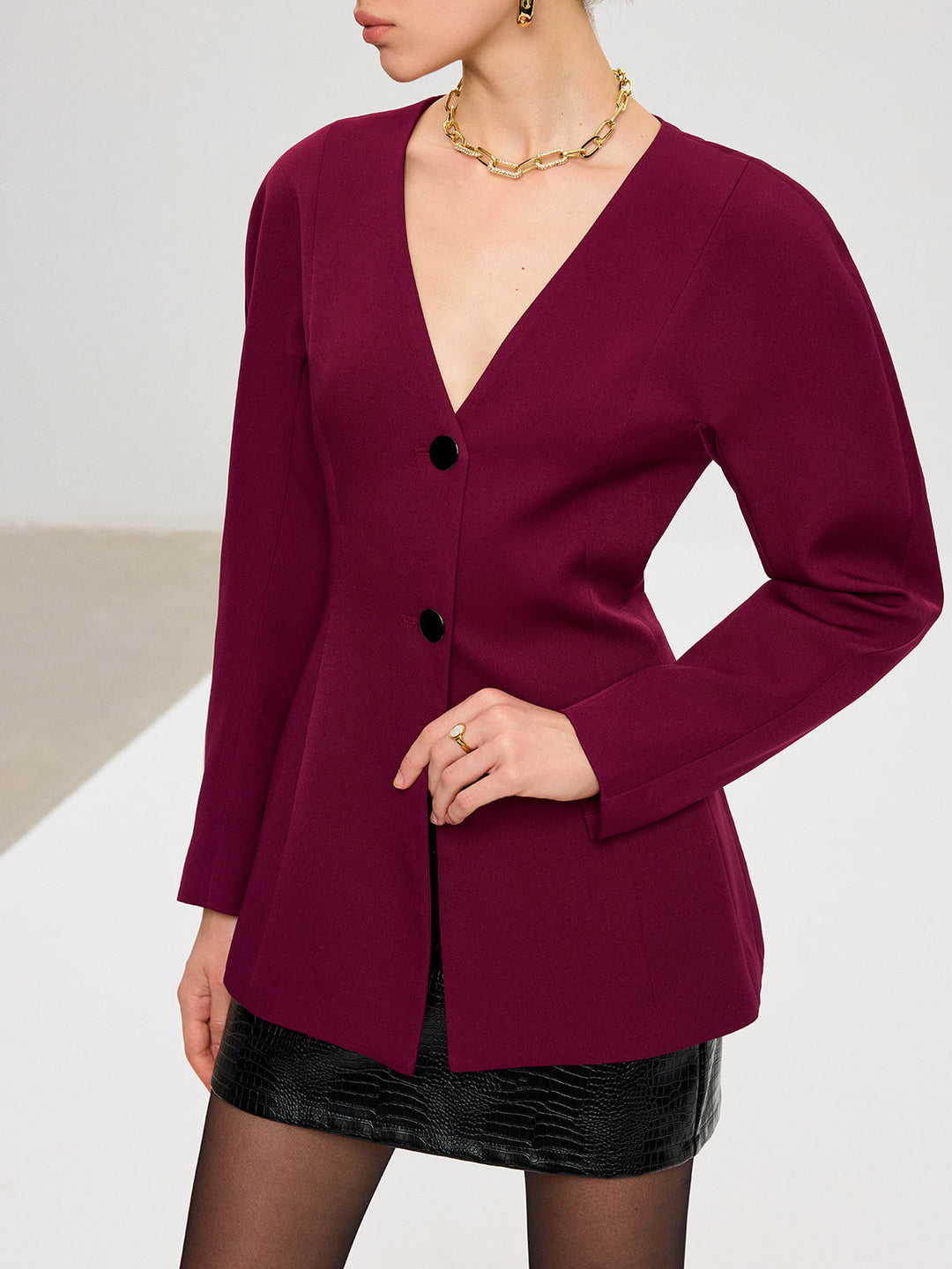 Puff Sleeve V-Neck Blazer  Liora Lane Boutique Blazers Burgundy / XL 140.00