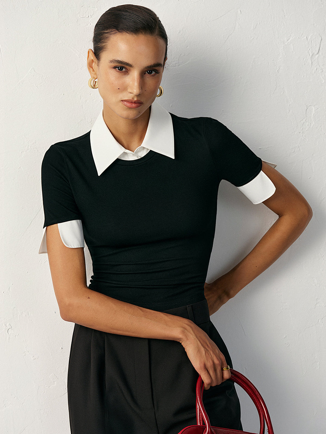 2 in 1 Paneled Collar And Cuffs Fitted T-Shirt  Liora Lane Boutique T-Shirts