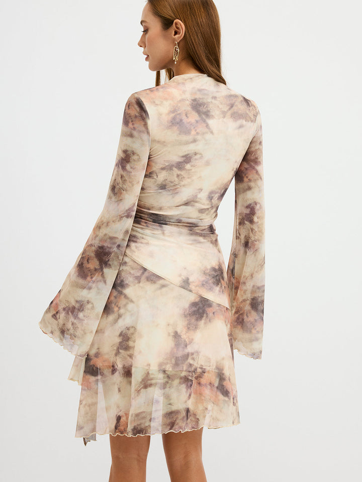 Tie-Dye Print Flared Sleeve Ruched Mini Dress  Liora Lane Boutique Dresses