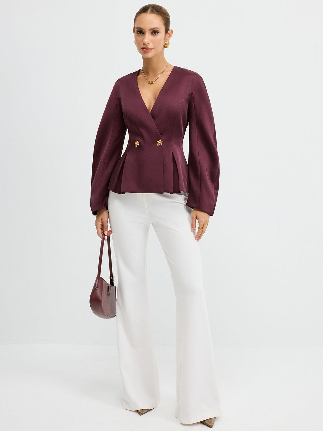 Metal Button Puff Sleeve Peplum Blazer  Liora Lane Boutique Blazers