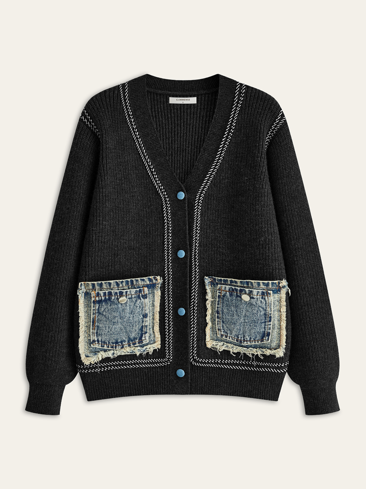 Contrast Trim Denim Panel Cardigan  Liora Lane Boutique Cardigans Black / XL 69.00