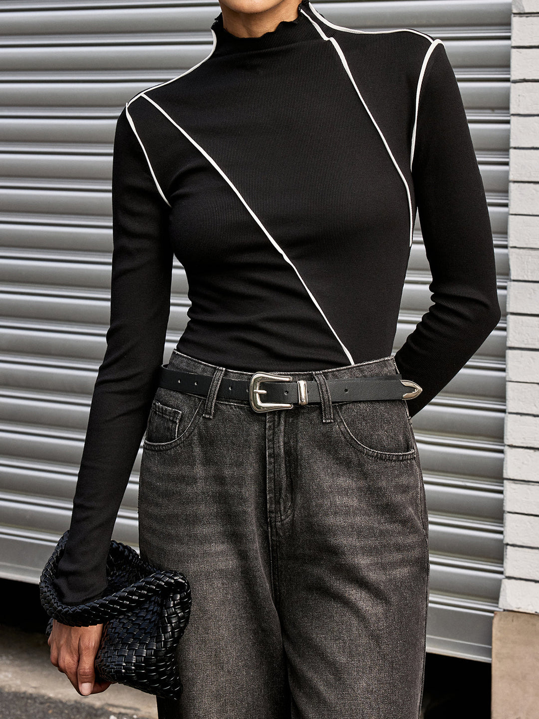 Contrast Asymmetric Piping Mock-Neck T-Shirt  Liora Lane Boutique T-Shirts