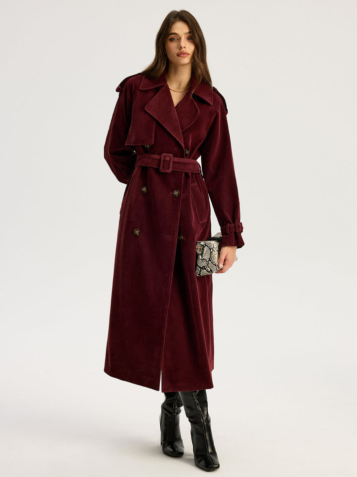 Belted Double-Breasted Suede Long Trench Coat  Liora Lane Boutique Trench Coats Red / XL 144.00
