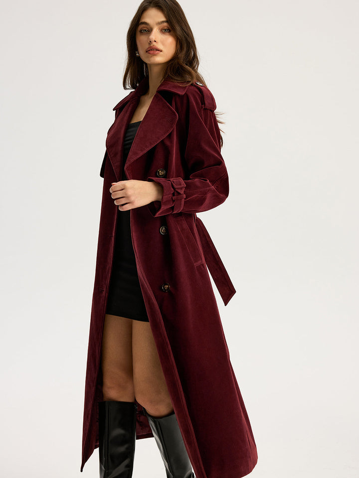 Belted Double-Breasted Suede Long Trench Coat  Liora Lane Boutique Trench Coats