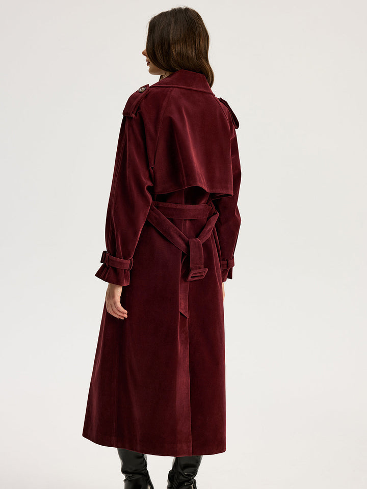 Belted Double-Breasted Suede Long Trench Coat  Liora Lane Boutique Trench Coats