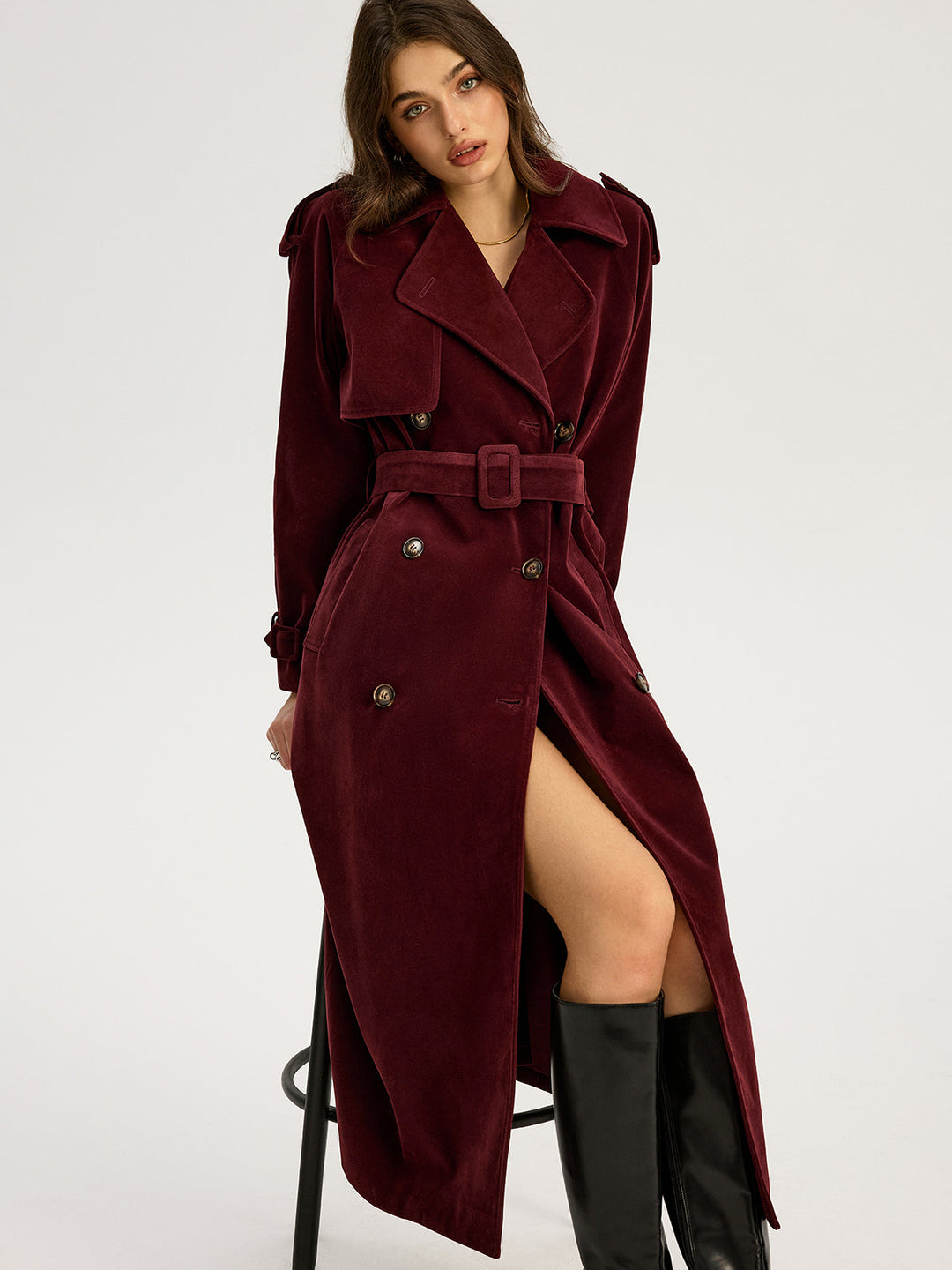 Belted Double-Breasted Suede Long Trench Coat  Liora Lane Boutique Trench Coats