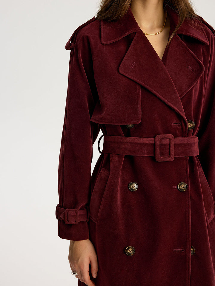 Belted Double-Breasted Suede Long Trench Coat  Liora Lane Boutique Trench Coats