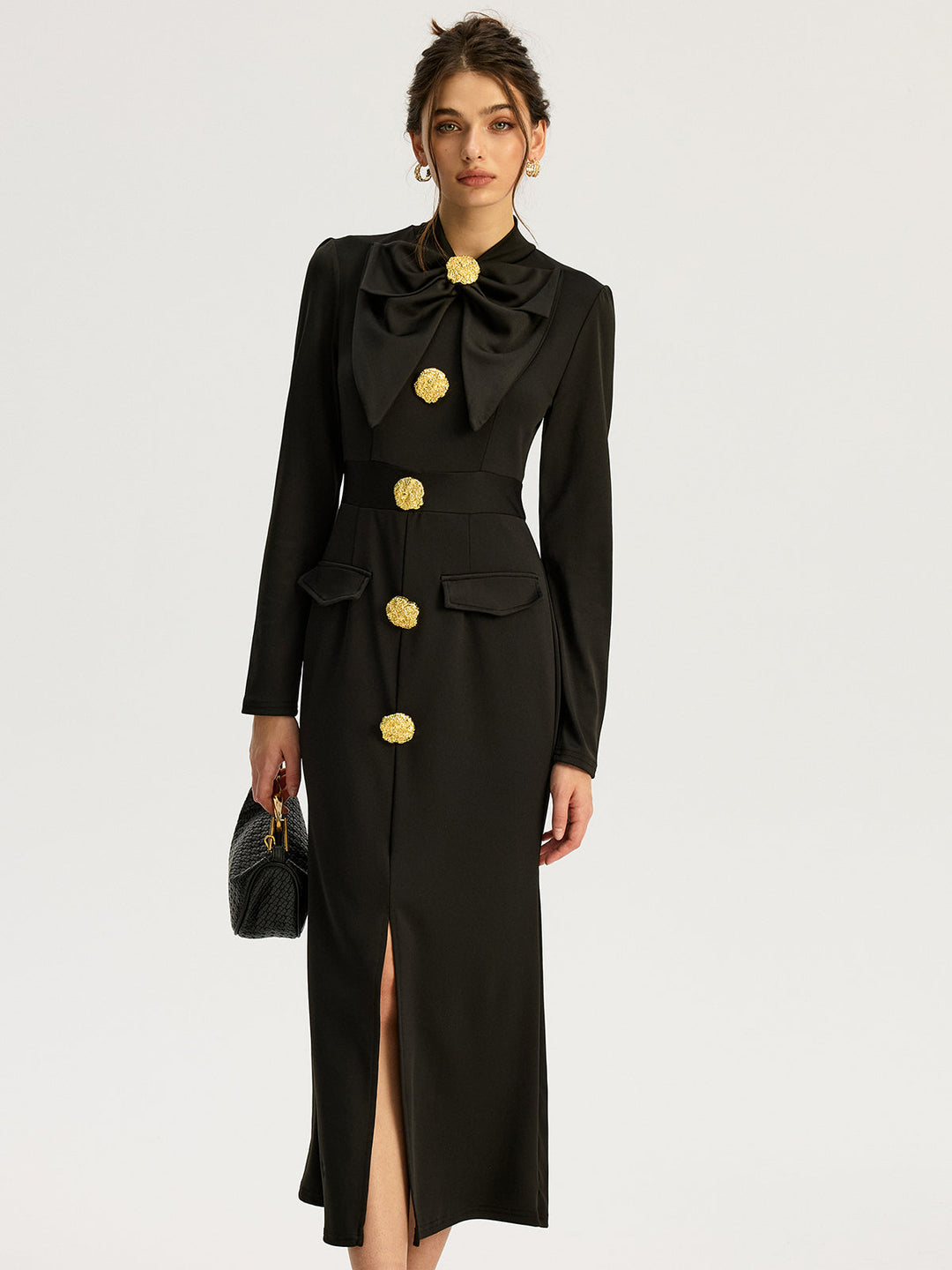 Bow-collar Long-Sleeved Dress with Metal Button  Liora Lane Boutique Dresses