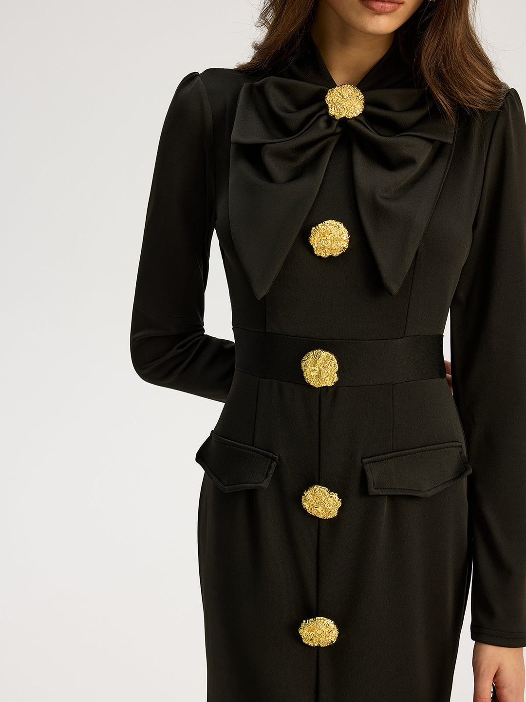 Bow-collar Long-Sleeved Dress with Metal Button  Liora Lane Boutique Dresses