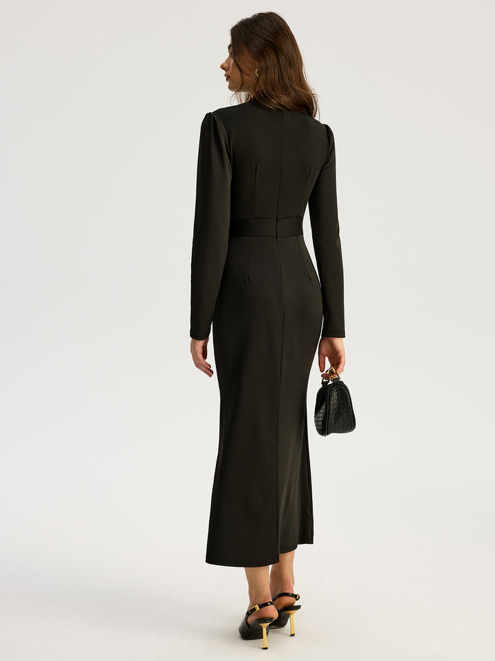 Bow-collar Long-Sleeved Dress with Metal Button  Liora Lane Boutique Dresses